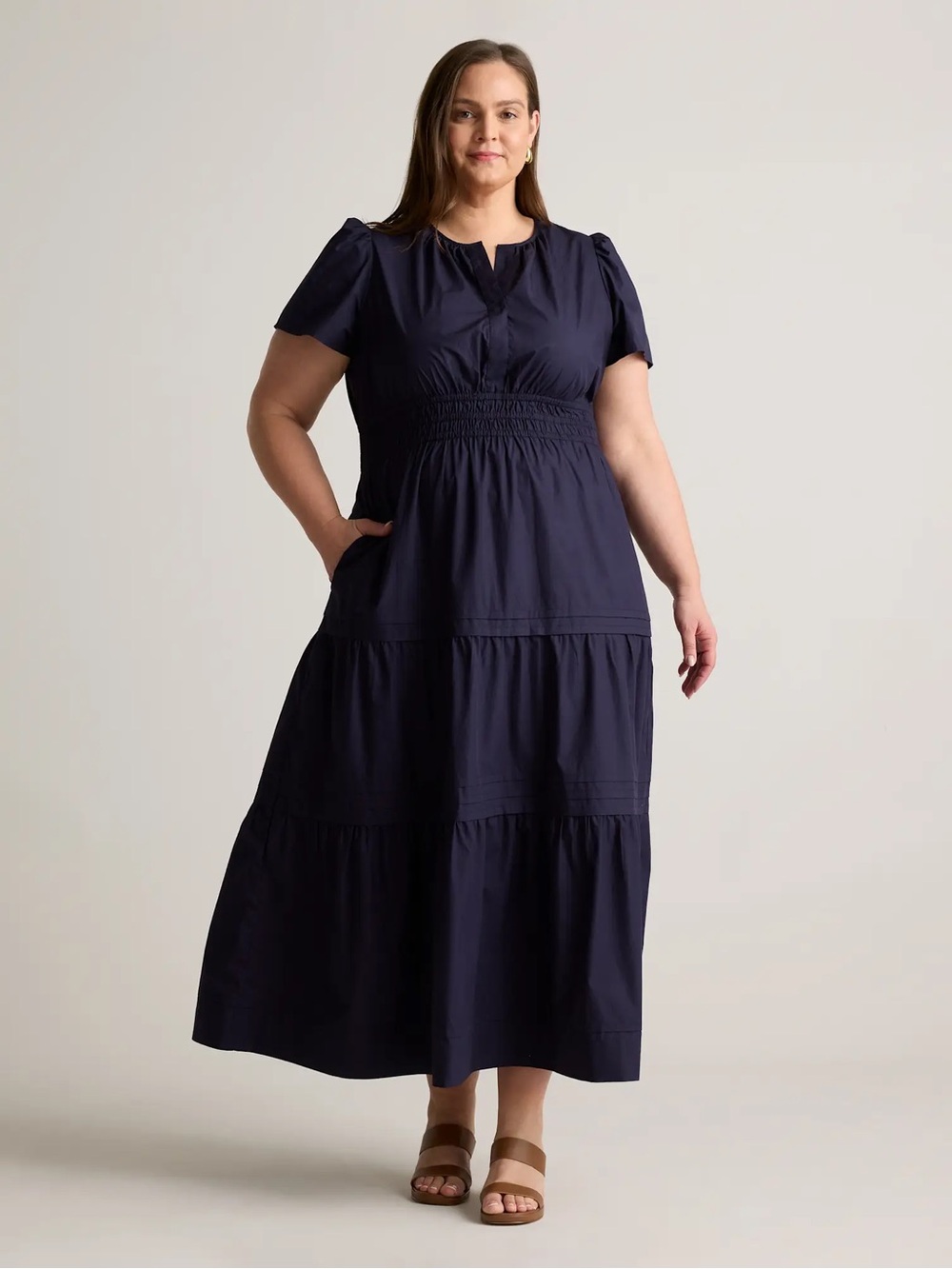 NWT Quince 100% Organic Cotton Poplin Tiered Maxi Dress Navy 2XL